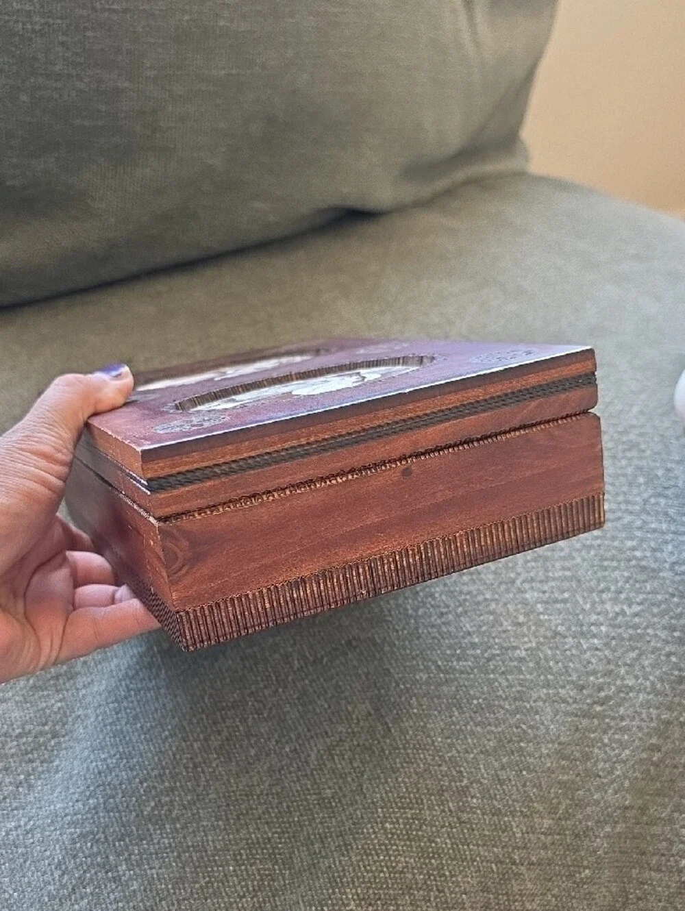 Vintage Polish Brown Wooden Trinket Box with Silk Print Insets